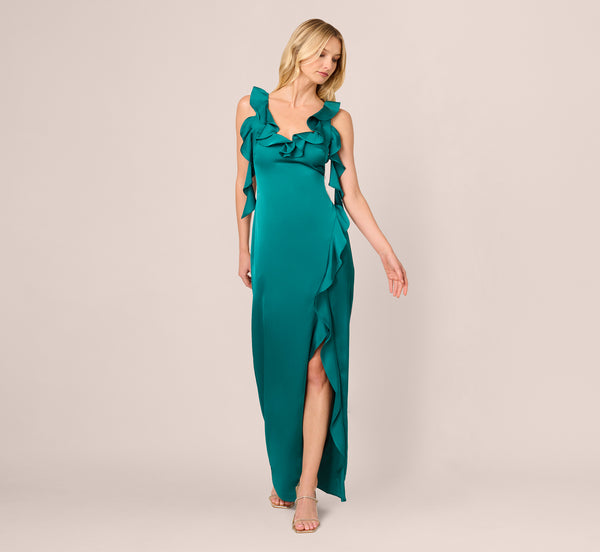 Adrianna Papell Stretch Satin Ruffle Long Dress In Deep Emerald