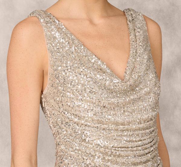 Adrianna Papell Stretch Sequin Sleeveless Cowl Neck Gown With Gathered Details In Champagne Silver