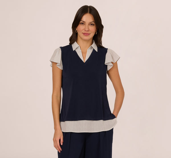 Adrianna Papell Striped Flutter Sleeve Twofer Sweater Vest Top In Navy W Crosshatch Stripe