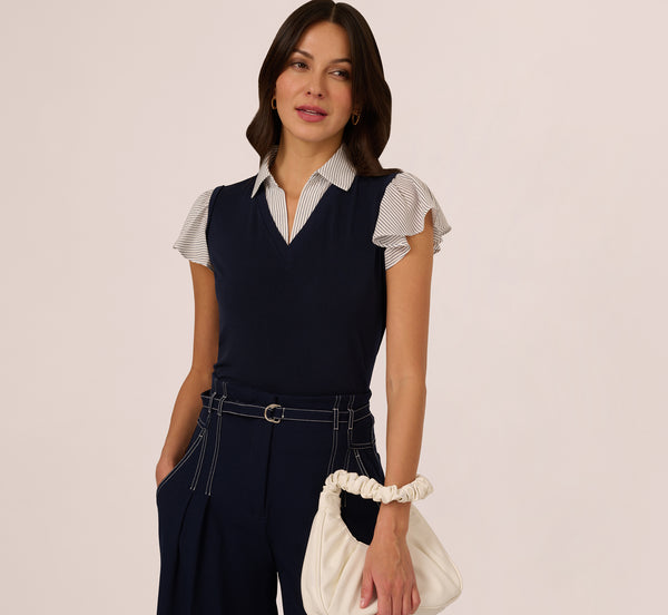adrianna papell Striped Flutter Sleeve Twofer Sweater Vest Top In Navy W Crosshatch Stripe