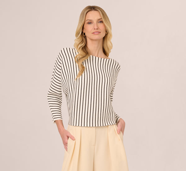 Adrianna Papell Striped Rib Knit Dolman Sleeve Sweater In Ivory Black