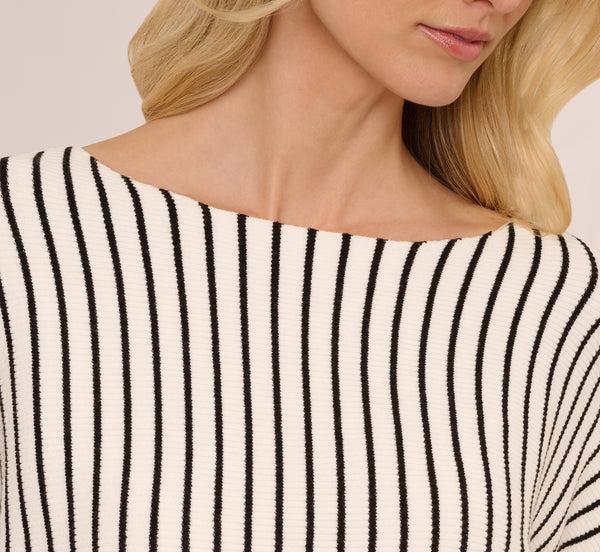 Adrianna Papell Striped Rib Knit Dolman Sleeve Sweater In Ivory Black