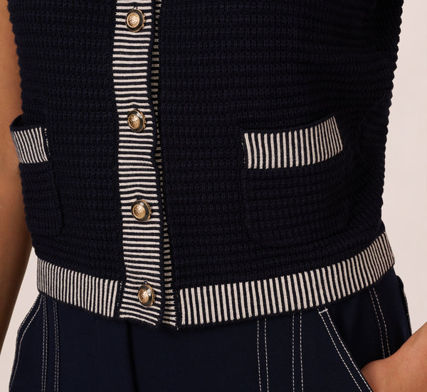 Adrianna Papell Striped Trim Cardigan Sweater Vest In Navy Ivory