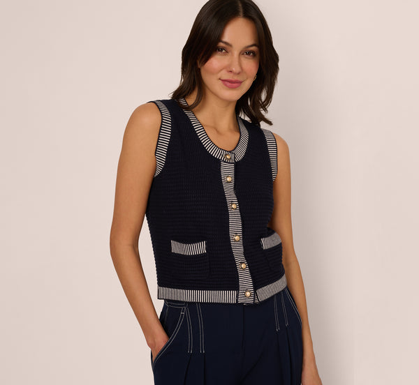 adrianna papell Striped Trim Cardigan Sweater Vest In Navy Ivory