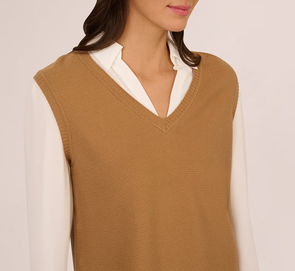Adrianna Papell Sweater Vest Collared Twofer Shirt In Camel Ivory