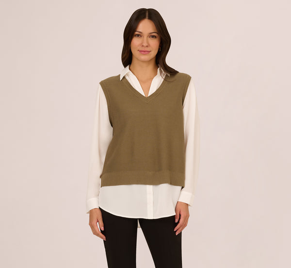 Adrianna Papell Sweater Vest Collared Twofer Shirt In Smokey Olive Ivory