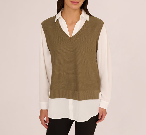 Adrianna Papell Sweater Vest Collared Twofer Shirt In Smokey Olive Ivory