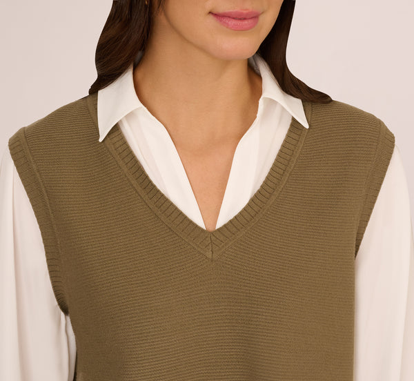 Adrianna Papell Sweater Vest Collared Twofer Shirt In Smokey Olive Ivory