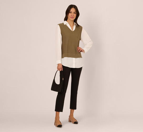adrianna papell Sweater Vest Collared Twofer Shirt In Smokey Olive Ivory