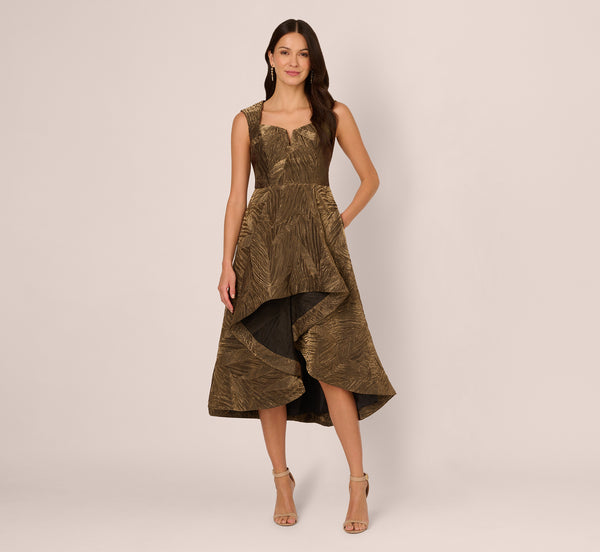 Adrianna Papell Textured Jacquard High Low Dress With Notched Neck In Metallic Gold