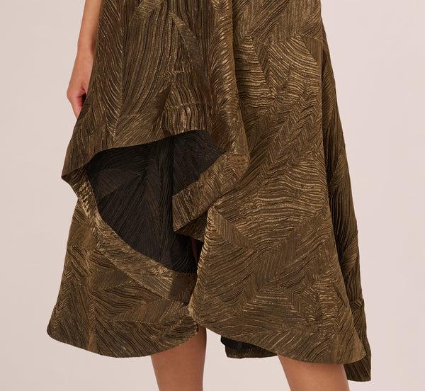 Adrianna Papell Textured Jacquard High Low Dress With Notched Neck In Metallic Gold