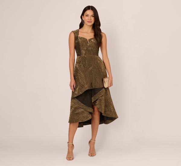 adrianna papell Textured Jacquard High Low Dress With Notched Neck In Metallic Gold