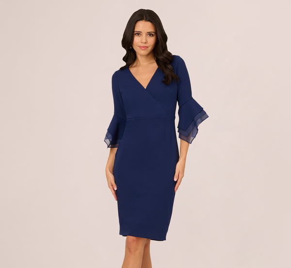 Adrianna Papell Three Quarter Bell Sleeve Sheath Midi Dress In Navy Sateen
