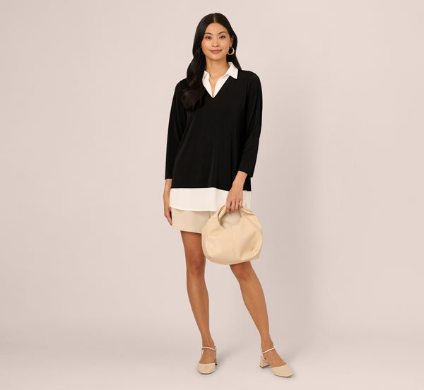 Adrianna Papell Three Quarter Sleeve Collared Twofer Sweater In Black Ivory