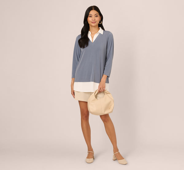 Adrianna Papell Three Quarter Sleeve Collared Twofer Sweater In Dusty Blue Ivory