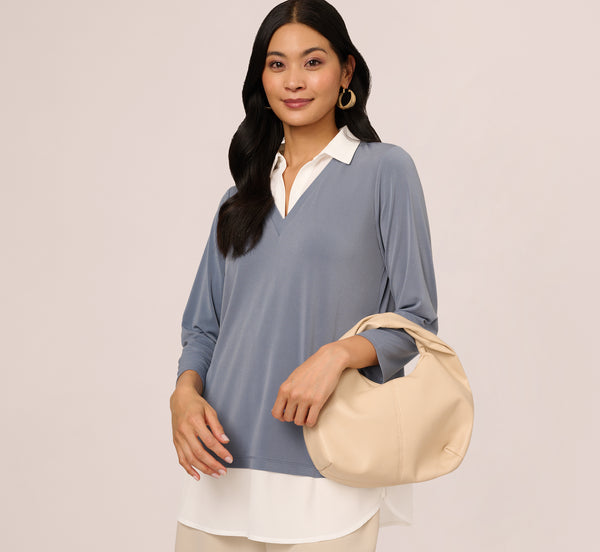 adrianna papell Three Quarter Sleeve Collared Twofer Sweater In Dusty Blue Ivory