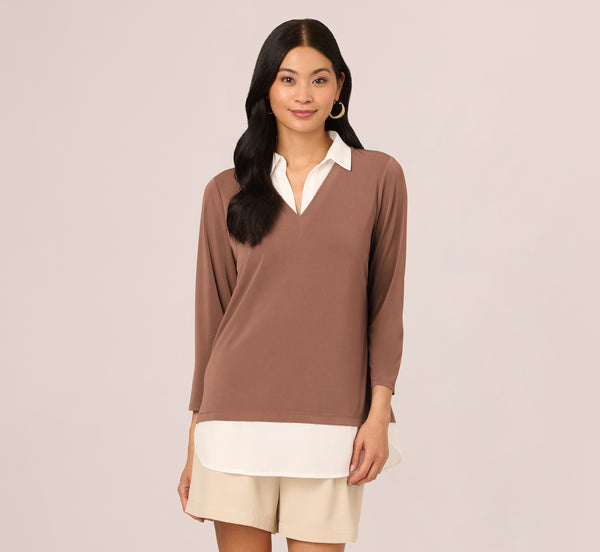 Adrianna Papell Three Quarter Sleeve Collared Twofer Sweater In Elderberry Ivory