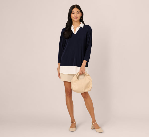 Adrianna Papell Three Quarter Sleeve Collared Twofer Sweater In Navy Ivory