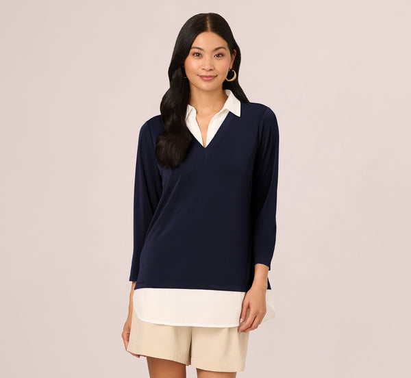 Adrianna Papell Three Quarter Sleeve Collared Twofer Sweater In Navy Ivory