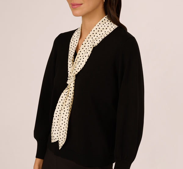 Adrianna Papell Three Quarter Sleeve Combo Scarf Sweater In Black Champagne Blush
