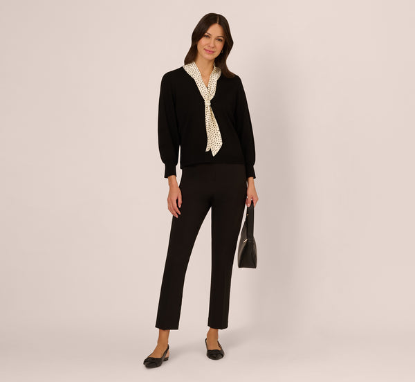 adrianna papell Three Quarter Sleeve Combo Scarf Sweater In Black Champagne Blush