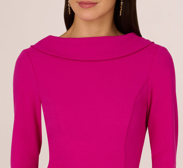 Adrianna Papell Three Quarter Sleeve Crepe Midi Dress With Rolled Neck In Pink Flambe