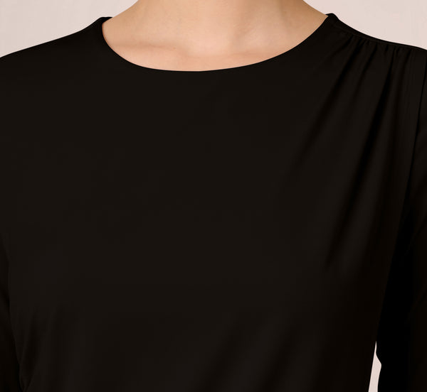 Adrianna Papell Three Quarter Sleeve Draped Jersey Top With Shirred Sides In Black