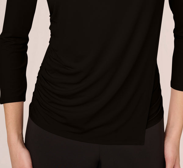 Adrianna Papell Three Quarter Sleeve Draped Jersey Top With Shirred Sides In Black