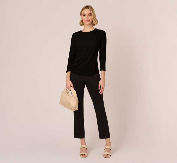 Adrianna Papell Three Quarter Sleeve Draped Jersey Top With Shirred Sides In Black