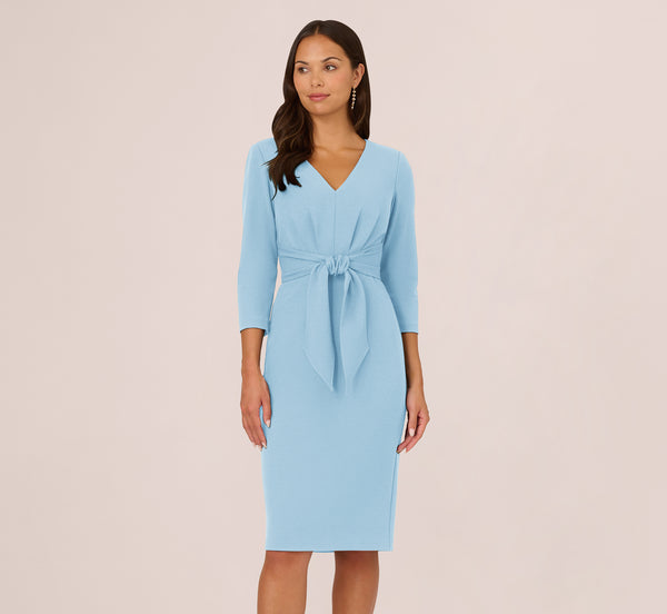 Adrianna Papell Three Quarter Sleeve Pleated Midi Dress With Tie Waist In Blue Mist