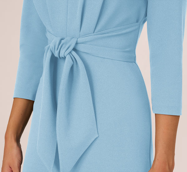 Adrianna Papell Three Quarter Sleeve Pleated Midi Dress With Tie Waist In Blue Mist