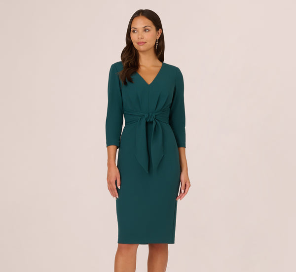Adrianna Papell Three Quarter Sleeve Pleated Midi Dress With Tie Waist In Hunter