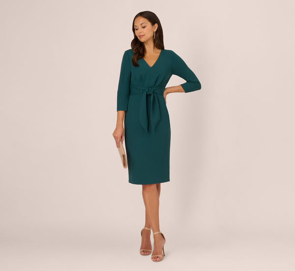 adrianna papell Three Quarter Sleeve Pleated Midi Dress With Tie Waist In Hunter