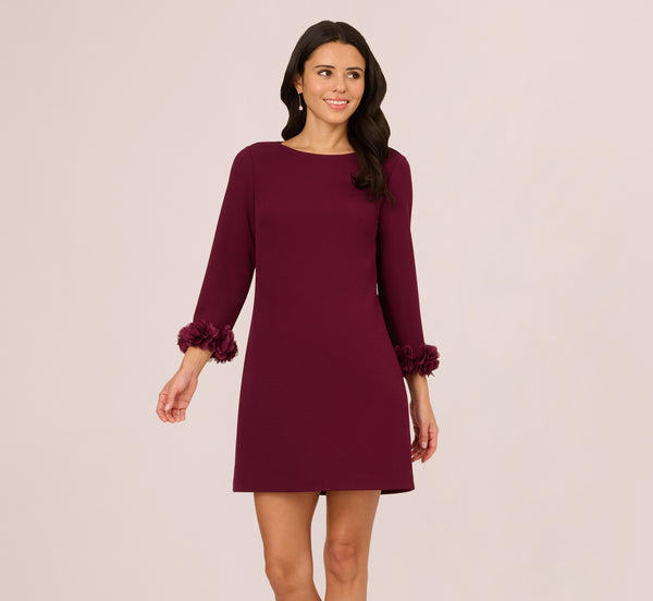 Adrianna Papell Three Quarter Sleeve Shift Dress With Floral Embellished Cuffs In Cabernet