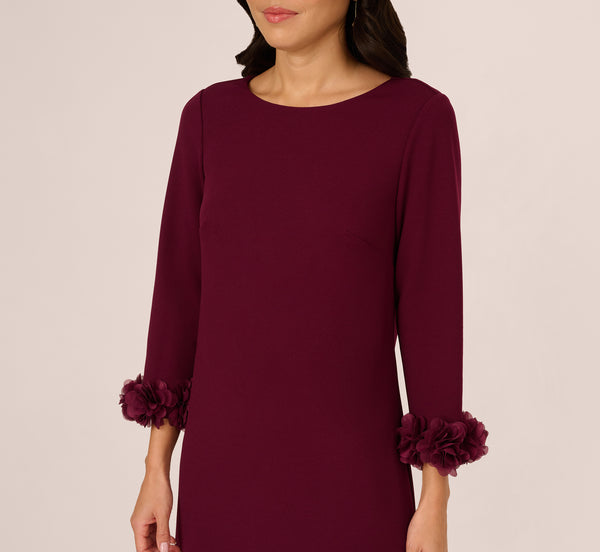 Adrianna Papell Three Quarter Sleeve Shift Dress With Floral Embellished Cuffs In Cabernet