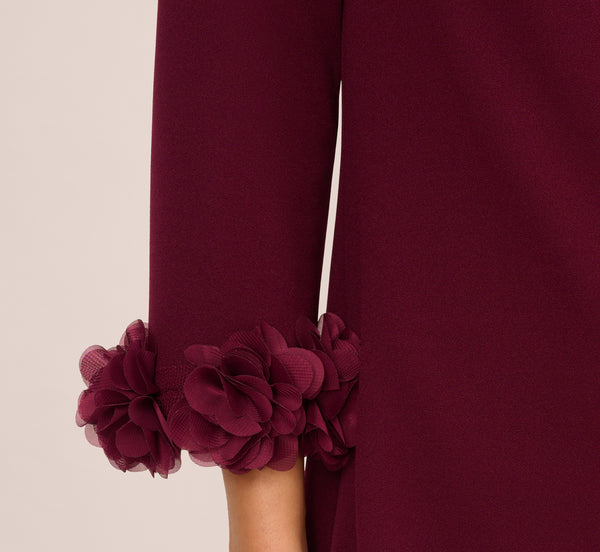 Adrianna Papell Three Quarter Sleeve Shift Dress With Floral Embellished Cuffs In Cabernet