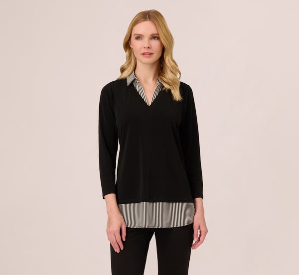 Adrianna Papell Three Quarter Sleeve Sweater With Button Down Accents In Blackw Black Ivorysmall Stripe
