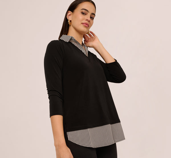 adrianna papell Three Quarter Sleeve Sweater With Button Down Accents In Blackw Black Ivorysmall Stripe