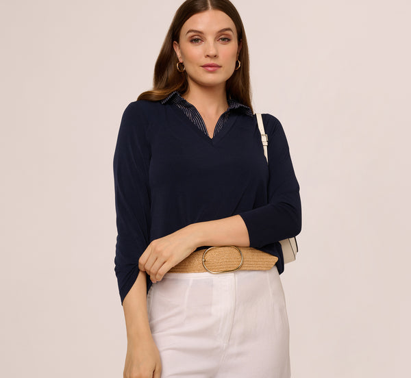 adrianna papell Three Quarter Sleeve Sweater With Button Down Accents In Navyw Navy Ivory Sketch Stripe