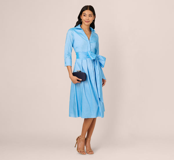 Adrianna Papell Three Quarter Sleeve Taffeta Midi Shirt Dress In Bluebell