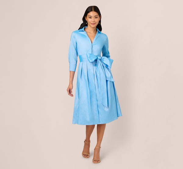 Adrianna Papell Three Quarter Sleeve Taffeta Midi Shirt Dress In Bluebell