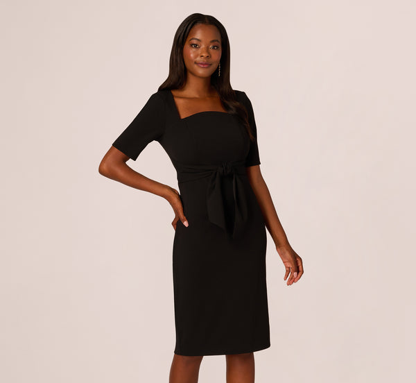 Adrianna Papell Three Quarter Sleeve Trapeze Dress With Ruffle Mock Neck In Black