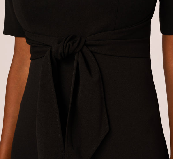 Adrianna Papell Three Quarter Sleeve Trapeze Dress With Ruffle Mock Neck In Black