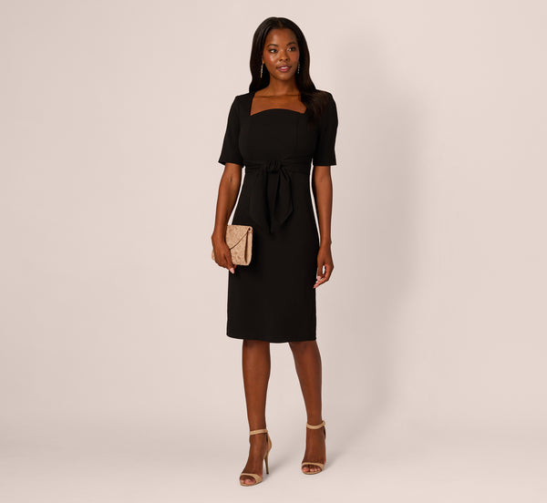 adrianna papell Three Quarter Sleeve Trapeze Dress With Ruffle Mock Neck In Black