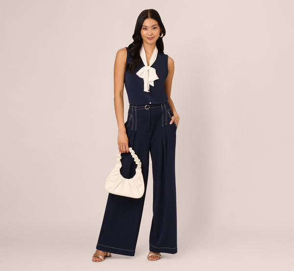 Adrianna Papell Tie Collar Knit Vest Top In Blue Moon Ivory