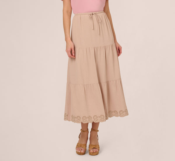 Adrianna Papell Tiered Eyelet Hem Drawstring Midi Skirt In Bamboo