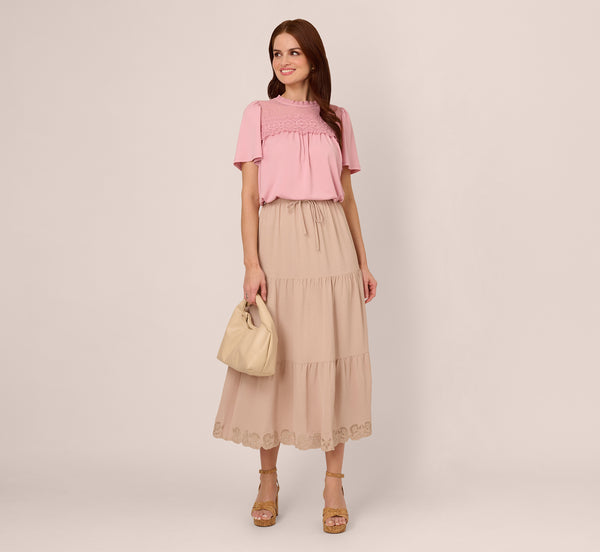 adrianna papell Tiered Eyelet Hem Drawstring Midi Skirt In Bamboo adrianna papell Tiered Eyelet Hem Drawstring Midi Skirt In Bamboo