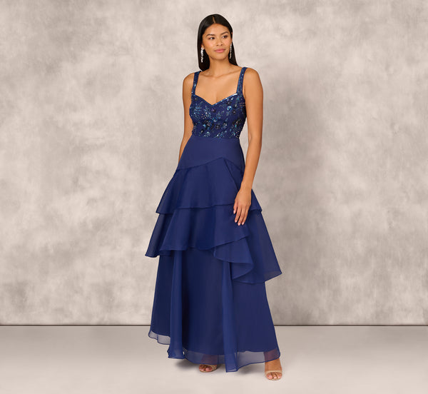 Adrianna Papell Tiered Organza Gown With Beaded Bodice In Navy