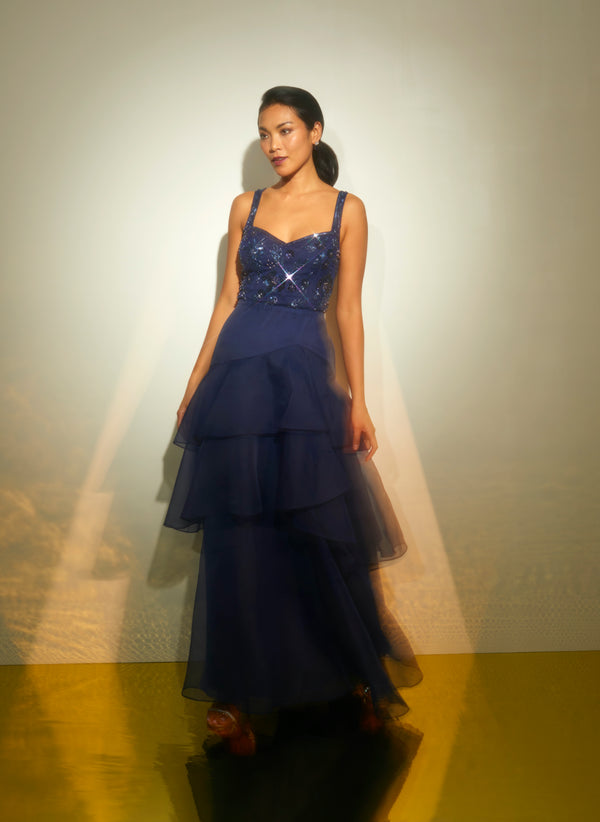 adrianna papell Tiered Organza Gown With Beaded Bodice In Navy