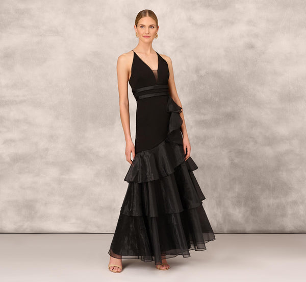 Adrianna Papell Tiered Trumpet Dress With Ruffles In Black